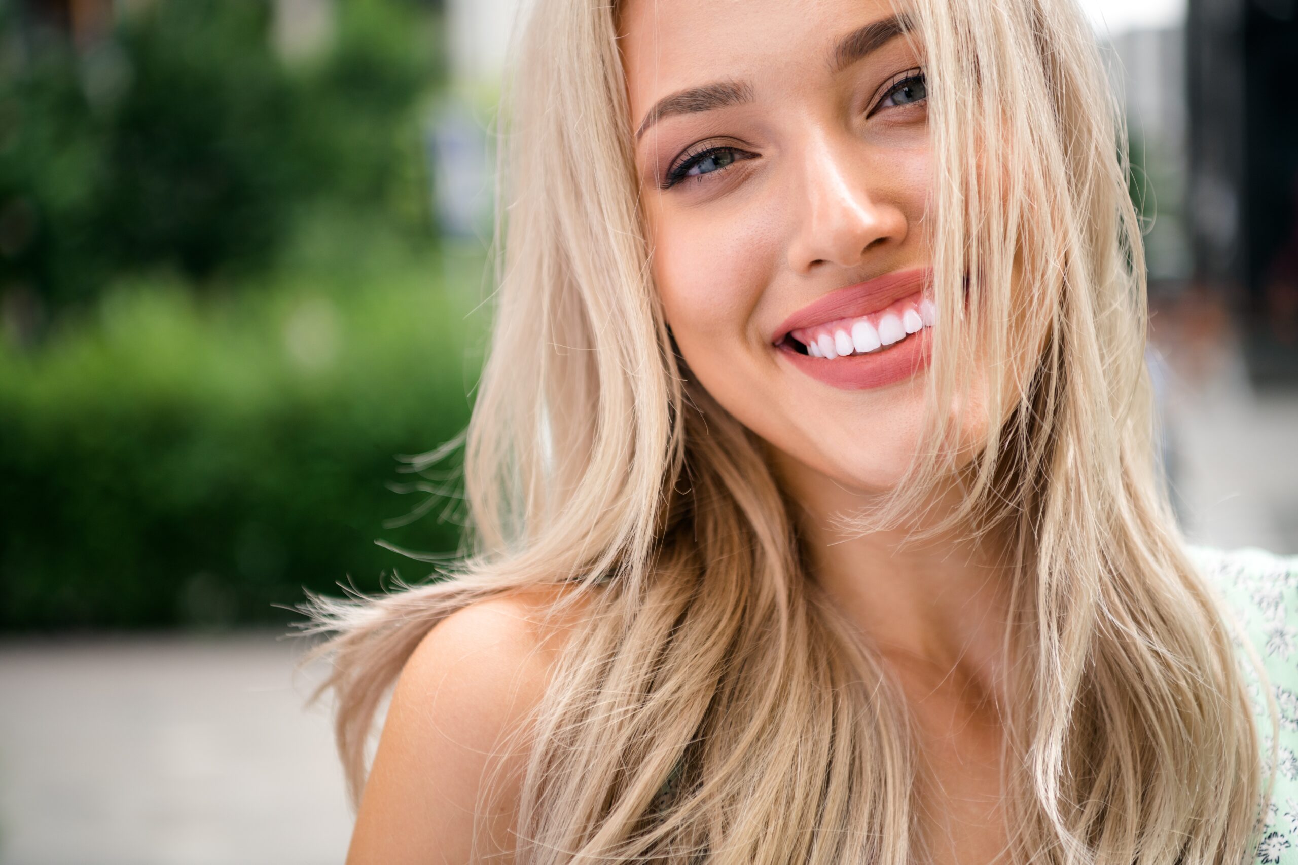 Close up photo of pretty girl in park enjoying summer season on blurred backdrop