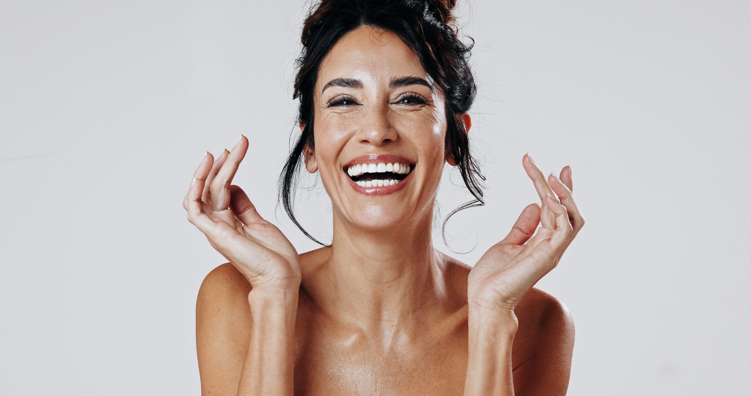 profile of a laughing woman, perfect dental veneers