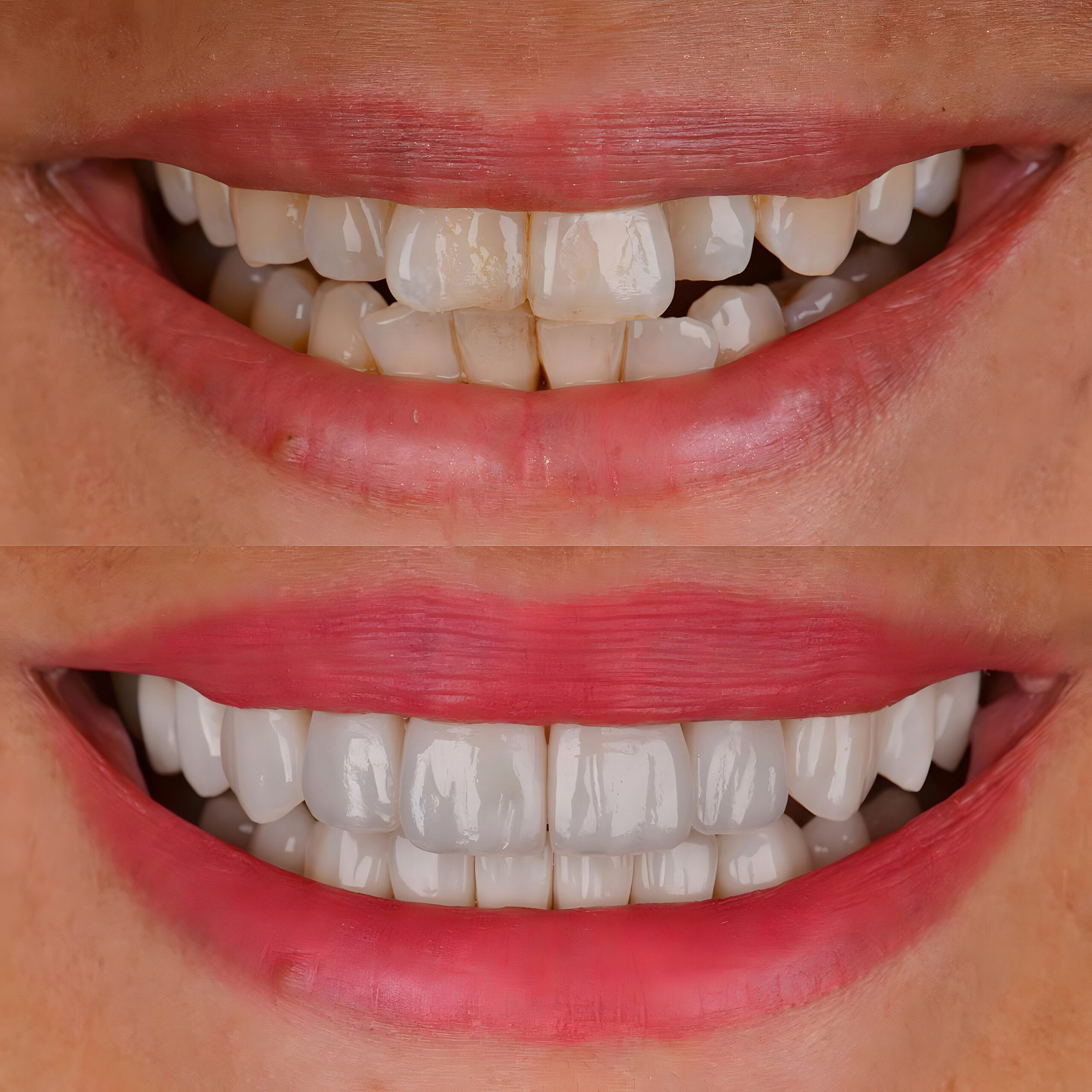 closeup, side by side of a smile makeover, before and after